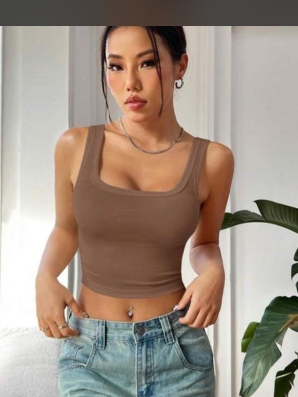 SHEIN Brown Square Neck Cropped Tank Top
